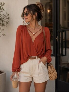Urban Outfitters Silence + Noise Rust Surplice Blouse | Effortless Crisscross